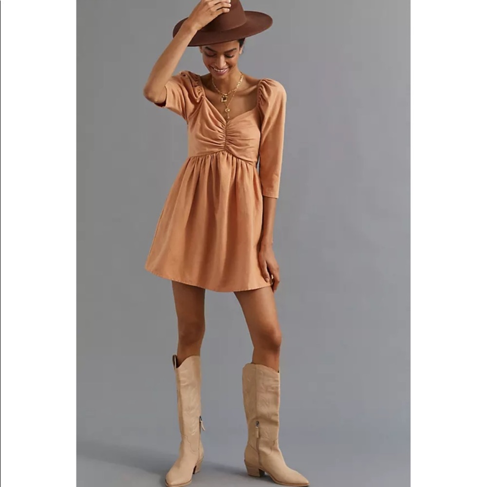 Forever That Girl Puff Shoulder Babydoll Linen Blend Mini Dress in Dusty Rose